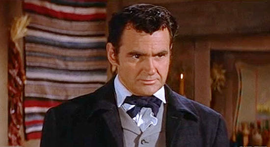 Jeff Morrow as Jim Bowie, encouraging Sam Houston to join the Texas independence movement in The First Texan (1956)