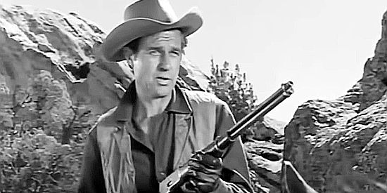 Jim Davis as Ben Ziegler, Katawan's partner as cavalry scouts in Apache Warrior (1957)