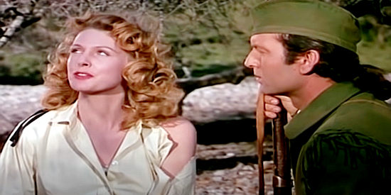 Joan Vohs as Fortune Mallory after being rescued from the Indians by Capt. Jed Horn (George Montgomery) in Fort Ti (1953)