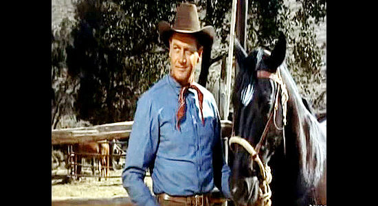 Joel McCrea as Del Rockwell with Aldis Spain's black stallion in Black Horse Canyon (1954)