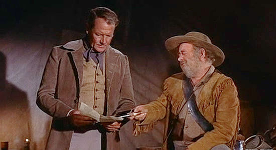 Joel McCrea as Sam Houston, getting news courtesy of scout Deaf Smith (Chubby Johnson) in The First Texan (1956)