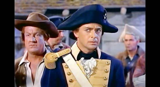 John Hudson as Capt. Langley, commander of Fort Alban, wondering about Butler's warning of Indian hostilities in Mohawk (1956)