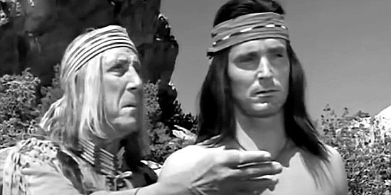 John Miljan as Nantan with Katawan (Keith Larsen), the man who wants to marry his daughter in Apache Warrior (1957)