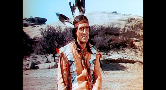 John Parrish as Chief Black Kettle, demanding the rifles his tribe was promised in Wagons West (1952)