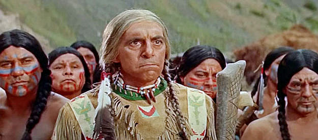 Joseph Vitale as the Huron chief, vowing a slow death for Tom Hutter and his friends in The Deerslayer (1957)