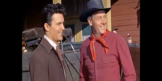 Keith Larsen as Bat Masterson and Joel McCrea as Wyatt Earp, who both wind up pinning on badges in Wichita (1955)