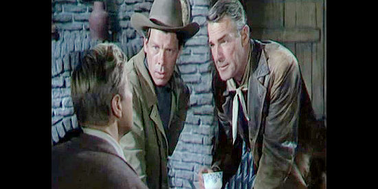 Lee Marvin as Rolph Bainter and Randolph Scott as Maj. Matt Stewart, looking for a way out of a surrounded stage station in Hangman's Knot (1952)