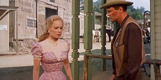 Mamie Van Duren as Ellen Ballard, reacting to sudden turn of events with Sheriff Bill Jordan (John Agar) in Star in the Dust (1956)