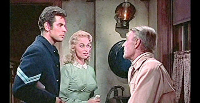 Michael Dante as Rod Miller and Karen Steele as his wife Jeanie, offered a chance to run a stage station by Capt. Hayes (Randolph Scott) in Westbound (1959)