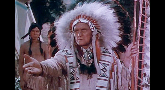 Morris Ankrum as Chief Crowfoot, trying to avoid trouble with the whites and Sitting Bull in Fort Vengeance (1953)