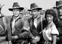 Clint Eastwood as Keith Williams, Scott Brady as Sgt. Blake, Margia Dean as Teresa Santos and Blake's men make a gruesome discovery in Ambush at Cimarron Pass (1958)