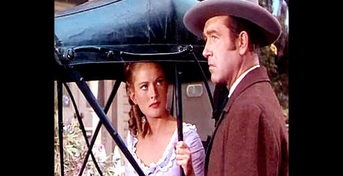 Coleen Gray as Jane Colfax and John Payne as Rockwell Grayson in The Vanquished (1953)