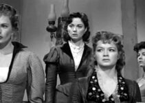 Coleen Gray as Jeannie, Adele Mara as Ruthie, Angie Dickinson as Sally and Dorothy Schuyler as Delilah, saloon girls in trouble in The Black Whip (1956)