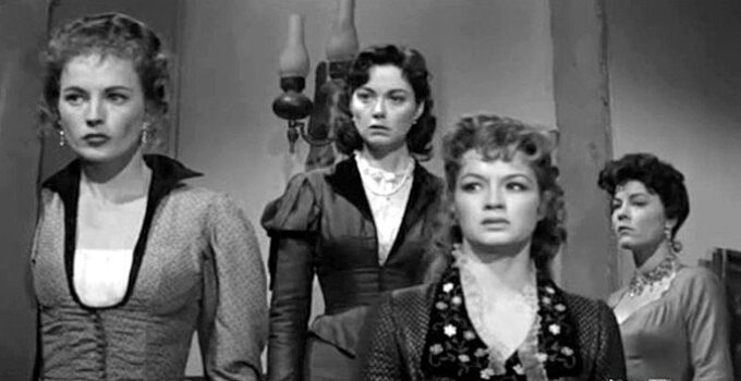 Coleen Gray as Jeannie, Adele Mara as Ruthie, Angie Dickinson as Sally and Dorothy Schuyler as Delilah, saloon girls in trouble in The Black Whip (1956)