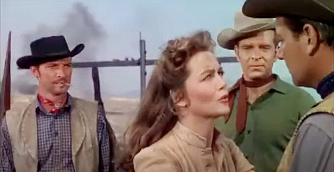 Deborah Miller (Dorothy Malone) trying to talk Kip Davis (Joel McCrea) into avoiding violence after his ranch is burned in South of St. Louis (1949)