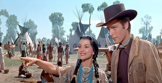Debra Paget as Appearing Day with Robert Wagner as Josh Tanner in White Feather (1955)