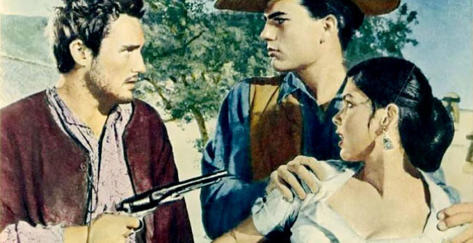 Dennis Hopper as Hatfield Carnes, Patrick Wayne as Jim Ellison and Yvonne Craig as Elena de la Madrid in The Young Land (1959)