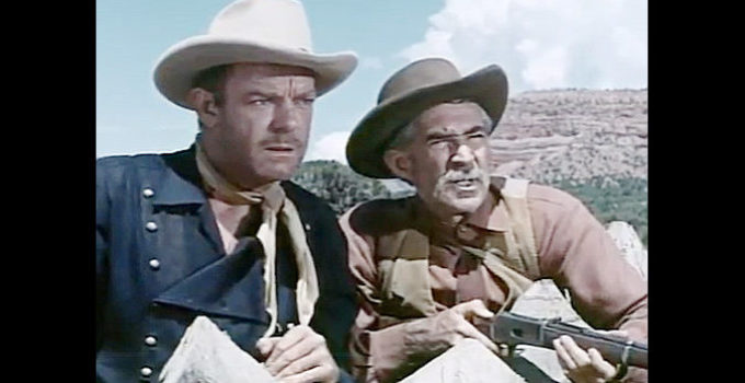 Dennis O'Keefe as Capt. Matt Riordan and Travor Bardette as Marshal Haney in Dragoon Wells Massacre (1957)