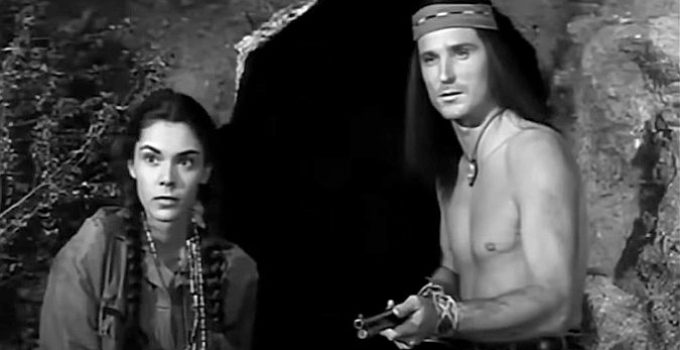 Eugenia Paul as Liwana and Keith Larsen as Katawn, the Apache Kid, in Apache Warrior (1957)