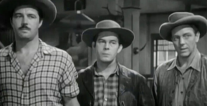 James Craig as Lloyd Richland, Harry Morgan as Cottonwood Goss and Paul Langton as his brother Violet confront crooked lawmen in Gentle Annie (1944)