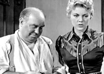 Joe Besser as Doc McGinnis with the trick shot artist he manages, Peggie Castle as Kate Masters in Two-Gun Lady (1955)