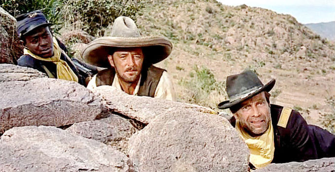 Leroy 'Satchel' Paige as Sgt. Tobe Sutton, Robert Mitchum as Martin Brady and Gary Merrill as Maj. Stark Colton in The Wonderful Country (1959)
