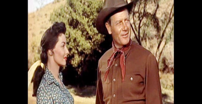 Mari Blanchard as Aldis Spain and Joel McCrea at Del Rockwell in Black Horse Canyon (1954)