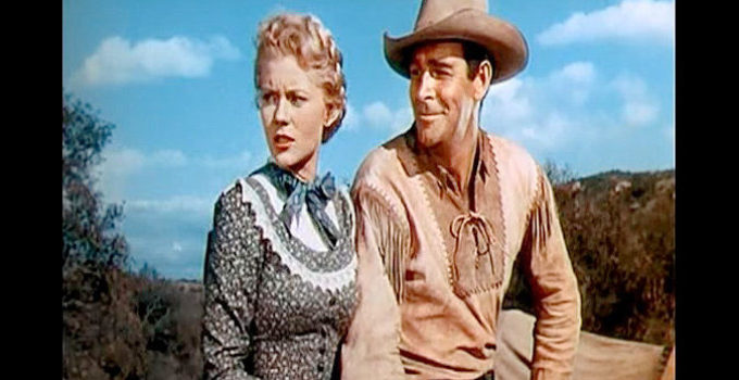 Peggie Castle as Ann Wilkins and Rod Cameron was wagon master Jeff Curtis in Wagons West (1952)