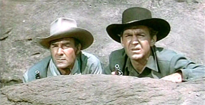 Randolph Scott as Andrew Barclay and Forrest Tucker as Tom Tanner in The Nevadan (1950)