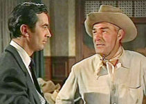 Randolph Scott as Larry Madden, rejecting a job offer from Cibo Pearlo (John Baragrey) in Tall Man Riding (1955)