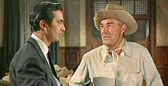 Randolph Scott as Larry Madden, rejecting a job offer from Cibo Pearlo (John Baragrey) in Tall Man Riding (1955)