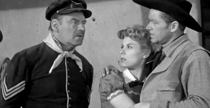 Ray Teal as Sgt. O'Rorke, Adelle August as Ann Parker and Bill Williams as James Kingston in Apache Ambush (1955)