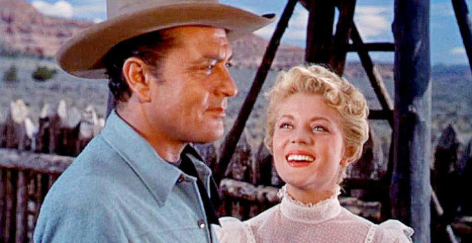 Tony Martin as Linus Quincannon and Peggie Castle as Maylene Mason in Quincannon, Frontier Scout (1956)