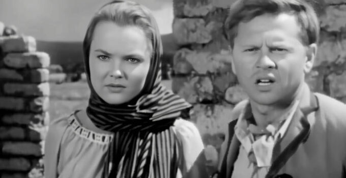 Wanda Hendrix as Senorita Carmel Alvarado and Mickey Rooney as J. Dennis O'Moore in My Outlaw Brother (1951)
