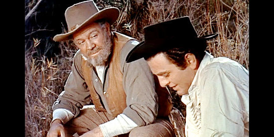 Paul Birch as J.C. Haggard, the most cautious of the Rebels, with Mike Conners as Hale Clinton in Five Guns West (1955)