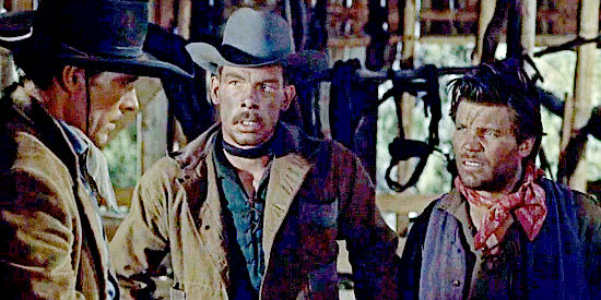 Philip Carey as Frank Slayton with two of his gang members -- Blinky (Lee Marvin) and Bravos (Neville Brand) in Gun Fury (1953)