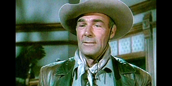 Randolph Scott as Andrew Barclay, befriending an outlaw to get to the bottom of the scheming in Twin Forks in The Nevadan (1950)