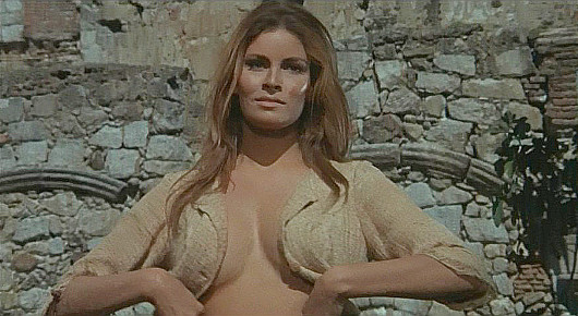 Raquel Welch as Sarita using her curves to tempt a Mexican soldier in 100 Rifles (1969)