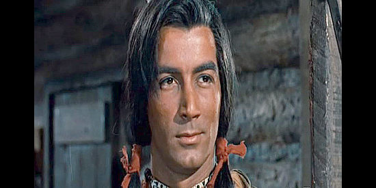 Ray Danton as Sayapi, returning to Yellowstone Kelly's cabin to lay claim to Wahleeah in Yellowstone Kelly (1959)