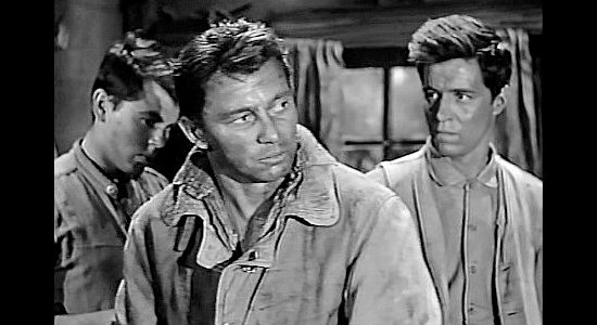Rayford Barnes as Kid Cutler, lone surviver of the Matt Bawdre gang, with Wright King as Jonesy in The Young Guns (1956)