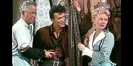 Regis Toomey as newspaper editor Tom Wren, Keith Larsen as The Kid and Peggie Castle as Julie Wren facing a desperate situation in Son of Belle Starr (1953)