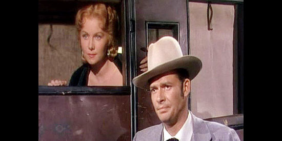 Rhonda Fleming as Evelyn Hastings and Michael Moore as her more conniving brother Rance in Pony Express (1953)