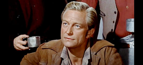 Richard Denning as Stacey Wyatt, signing up irregulars in exchange for a kiss from Brett McClain in The Battle of Rogue River (1954)