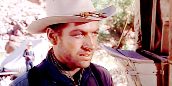 Richard Egan as Sgt. Reuben Bernard, stunned by the turn of events in The Battle at Apache Pass (1952)