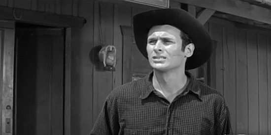 Richard Gilden as Dewey Crawford, Lorn's younger brother, fretting over the saloon girls in The Black Whip (1956)