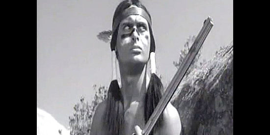 Richard Gilden as Little Otter, the Blackfoot chief determined to drive whites out of the area in Blood Arrow (1958)