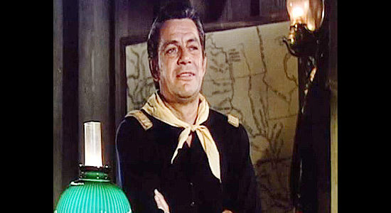 Richard Robert as the Indian hating Capt. Arnold Vaugant, suggesting harsh treatment of the SIoux in The Savage (1952)