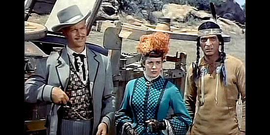 Richard Webb as Ace Elliott and Roberta Haynes as wife Paris, their trip West interrupted, with Wingfoot (Maurice Jara) in The Nebraskan (1953)