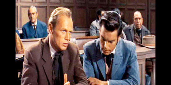 Richard Widmark as Ben Devereaux, explaining to younger brother Joe (Robert Wagner) why he's not about to bail their father out of legal trouble in Broken Lance (1954)