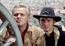 Richard Widmark as Comanche Todd and James Drury as Lt. Kelly, watching for an Indian attack in The Last Wagon (1956)
